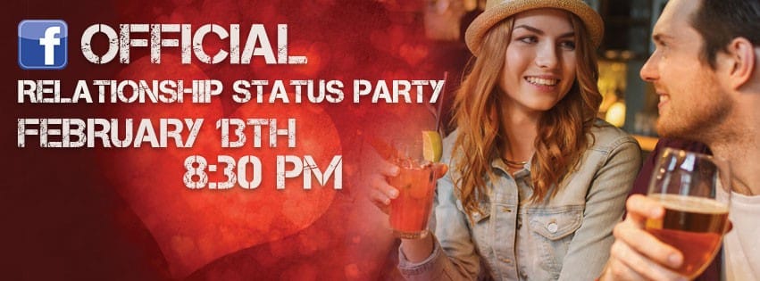 Couple enjoying drinks at a bar, promoting the "Official Relationship Status Party" on February 13th at 8:30 PM, featuring Facebook branding and a festive atmosphere.