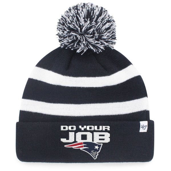 Navy blue knit hat with pom-pom featuring "DO YOUR JOB" text and New England Patriots logo, representing sports fan apparel for game day excitement.