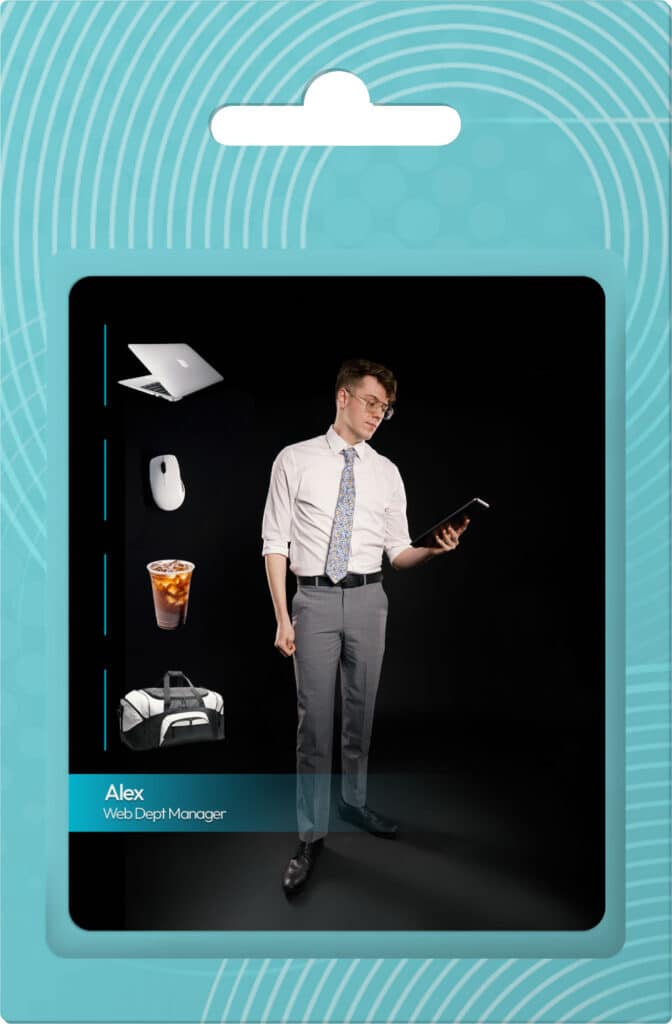 Alex, Web Department Manager, standing with a tablet, dressed in business attire, surrounded by digital tools like a laptop, mouse, beverage, and bag, reflecting a modern digital marketing environment.