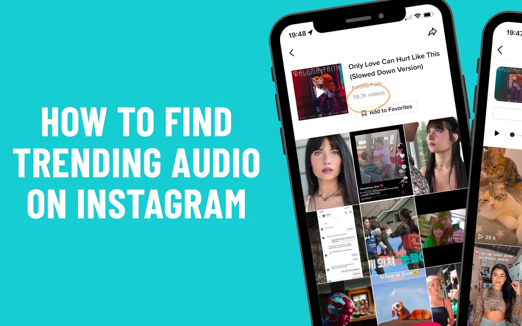 Smartphone displaying Instagram interface with trending audio titled "Only Love Can Hurt Like This" by Paloma Faith, featuring video thumbnails and the text "How to Find Trending Audio on Instagram."