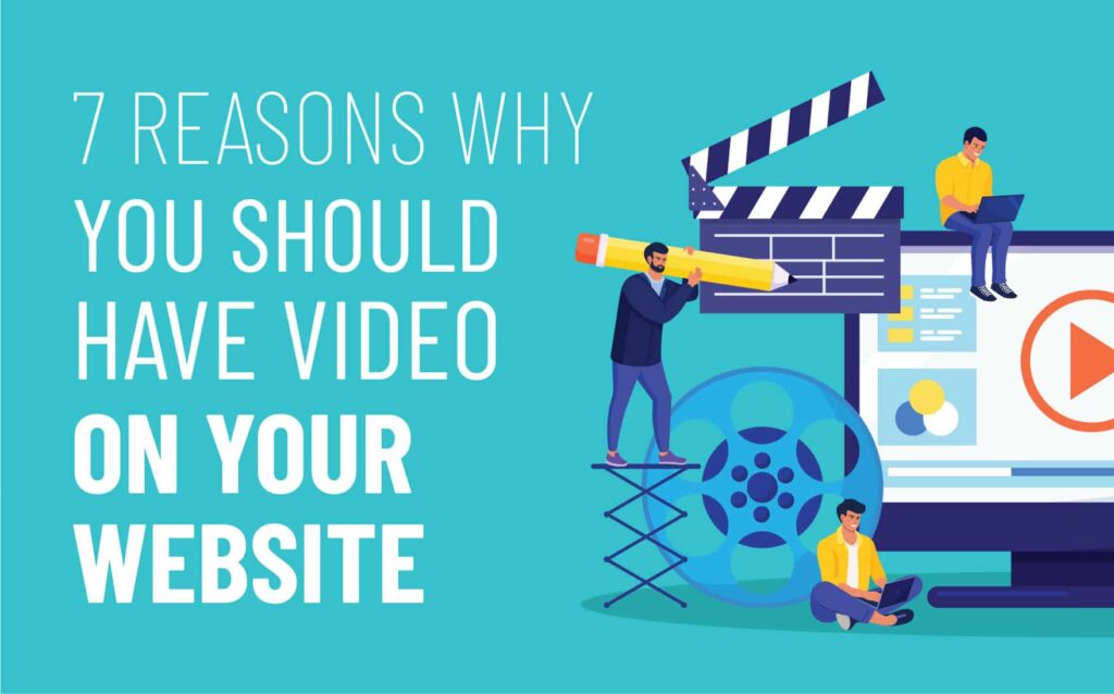 7 reasons why you should have video on your website, featuring animated characters with a film clapperboard, a video screen, and a film reel, emphasizing the importance of video content in digital marketing.