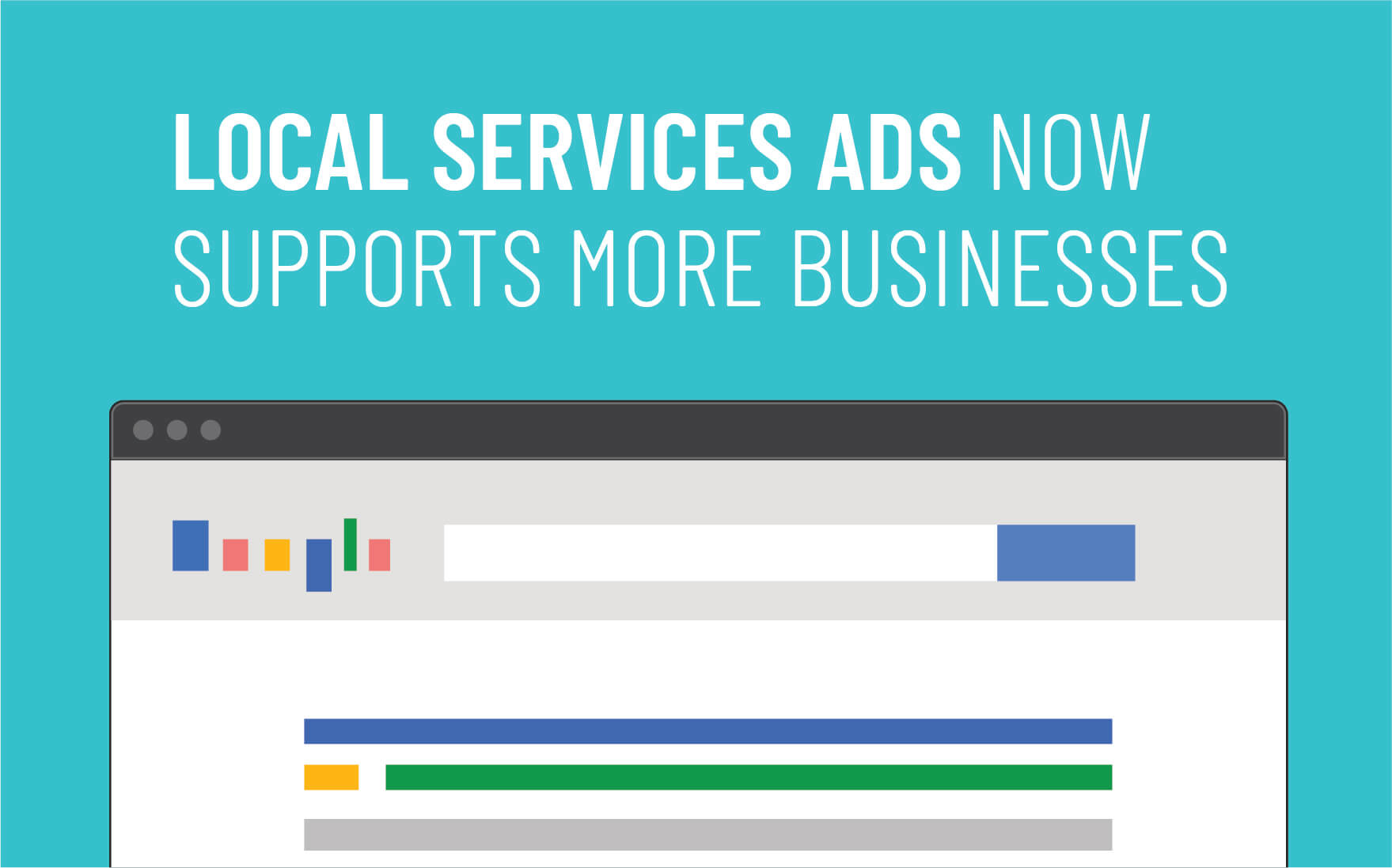Local Services Ads graphic highlighting support for more businesses, featuring a computer screen with colorful elements and text.