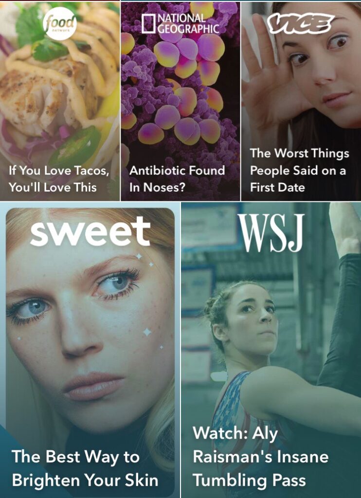 Image showcasing various articles and topics on Snapchat advertising, featuring visually distinct thumbnails from different media sources, including food, health, and lifestyle.