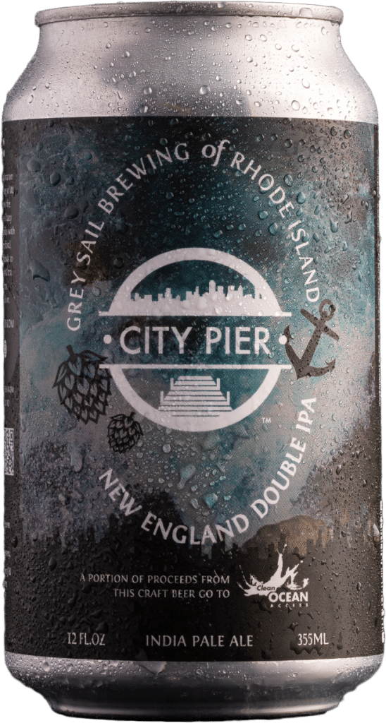 Craft beer can featuring Grey Sail Brewing's City Pier New England Double IPA, with prominent branding and a portion of proceeds supporting ocean conservation.
