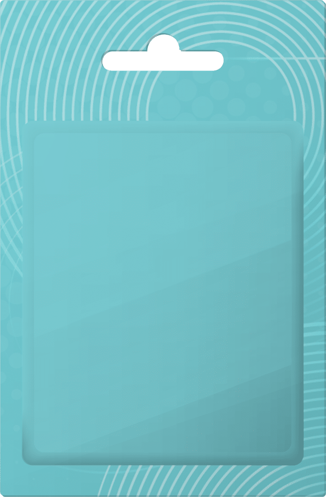 Blank turquoise marketing card design with abstract circular patterns, representing creativity and branding potential for PMC Media Group.