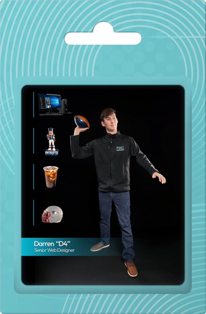 Darren "D4," Senior Web Designer at PMC Media Group, playfully posing with a football, surrounded by tech elements, a Patriots mascot, and iced coffee, reflecting the company's creative and fun culture.