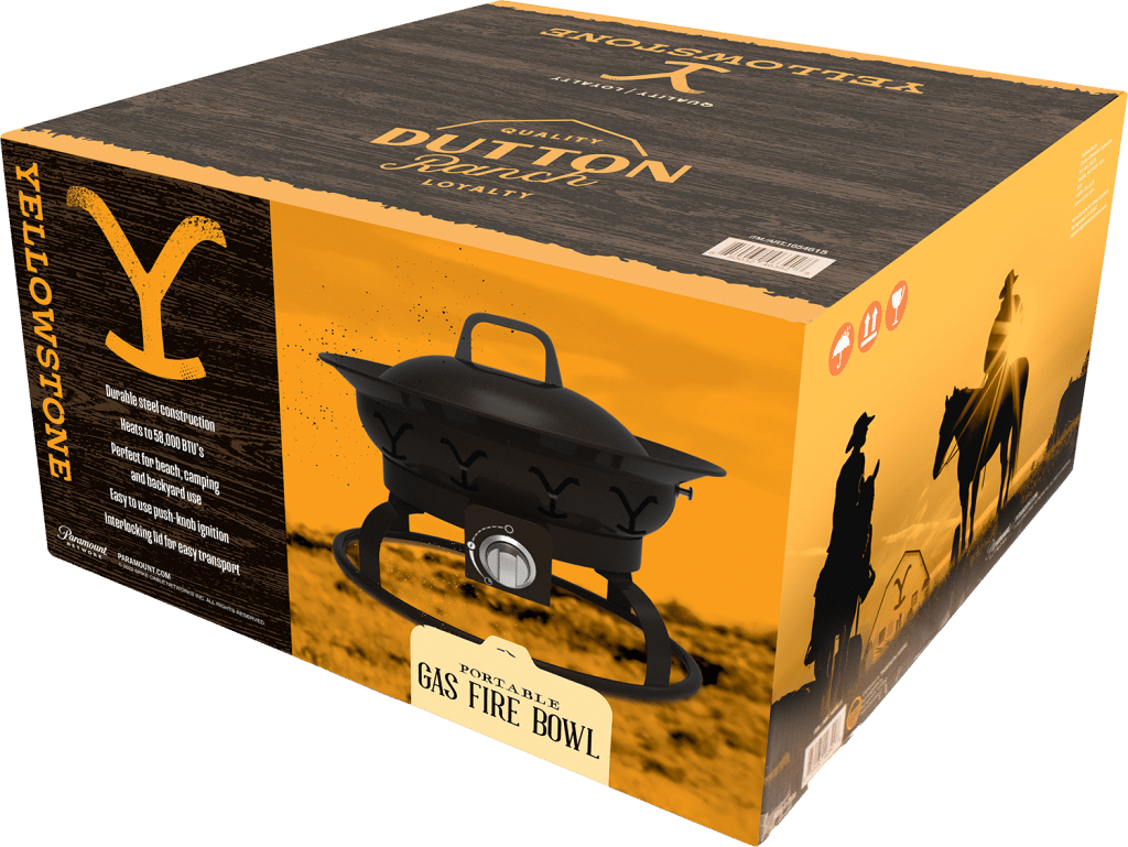 Portable gas fire bowl packaging featuring durable steel construction, Yellowstone branding, and specifications for outdoor use, emphasizing versatility for beach, camping, and backyard settings.