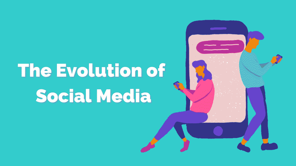 Illustration of two individuals using smartphones, with a large phone graphic in the background, representing the evolution of social media.