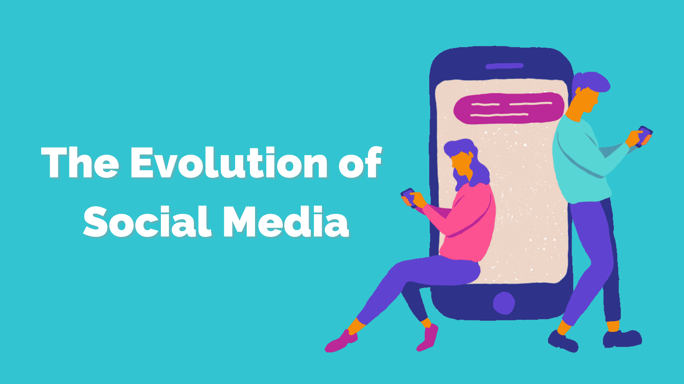 Illustration of two people using smartphones, with the text "The Evolution of Social Media" prominently displayed, highlighting the significance of social media in digital marketing strategies.