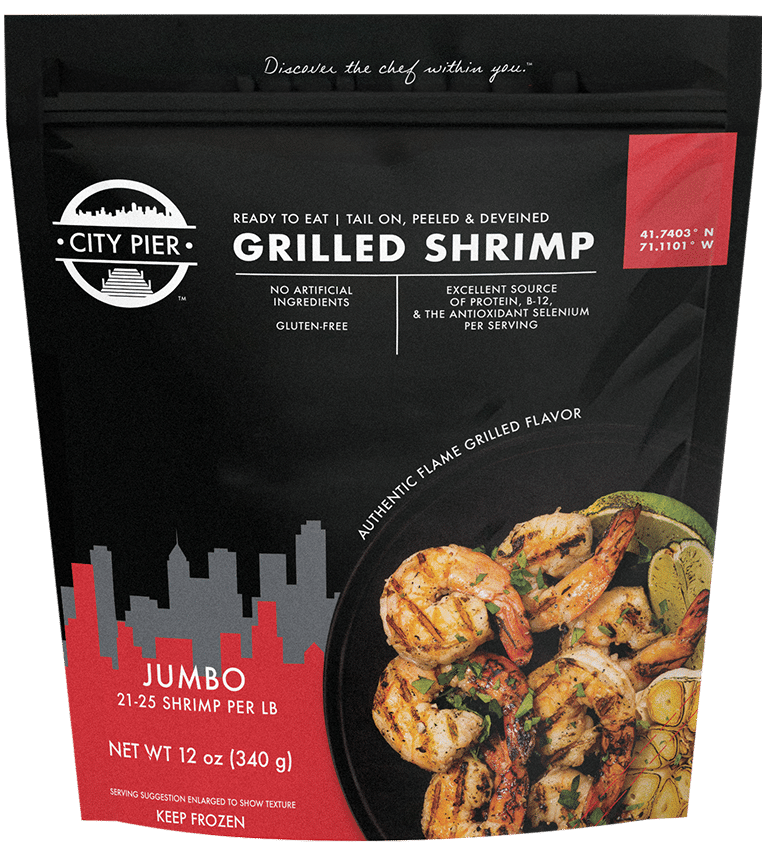 Grilled shrimp packaging from City Pier featuring jumbo shrimp with a flame-grilled appearance, highlighting gluten-free and no artificial ingredients, emphasizing ready-to-eat convenience and nutritional benefits.