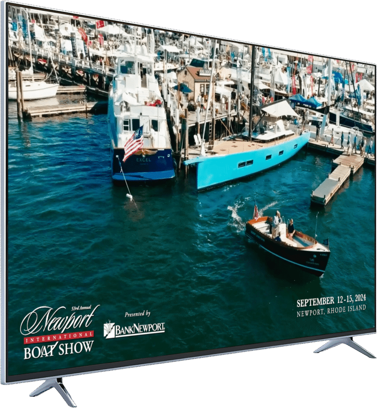 Newport International Boat Show promotional image featuring boats in harbor, event details including dates and location, emphasizing maritime activities and brand visibility for PMC Media Group's marketing expertise.