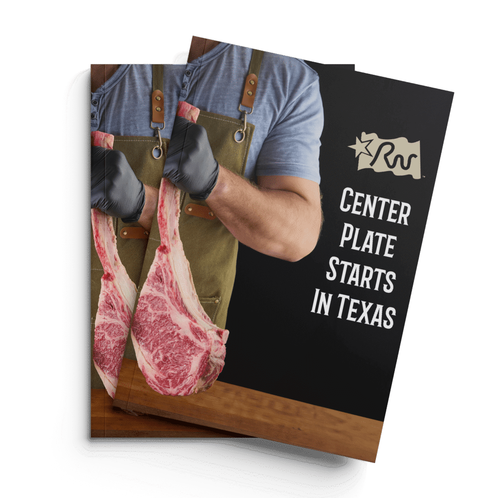 Person in an apron holding two large cuts of marbled beef, with text overlay "CENTER PLATE STARTS IN TEXAS," emphasizing quality meat for culinary branding and marketing.