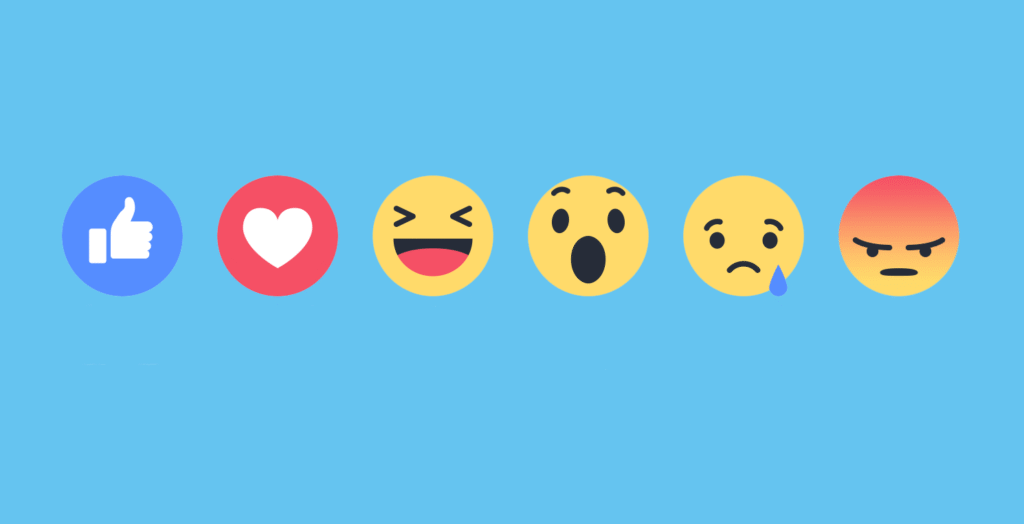 Facebook reaction emojis including Like, Love, Haha, Wow, Sad, and Angry on a blue background, representing user engagement and emotional responses in social media marketing.