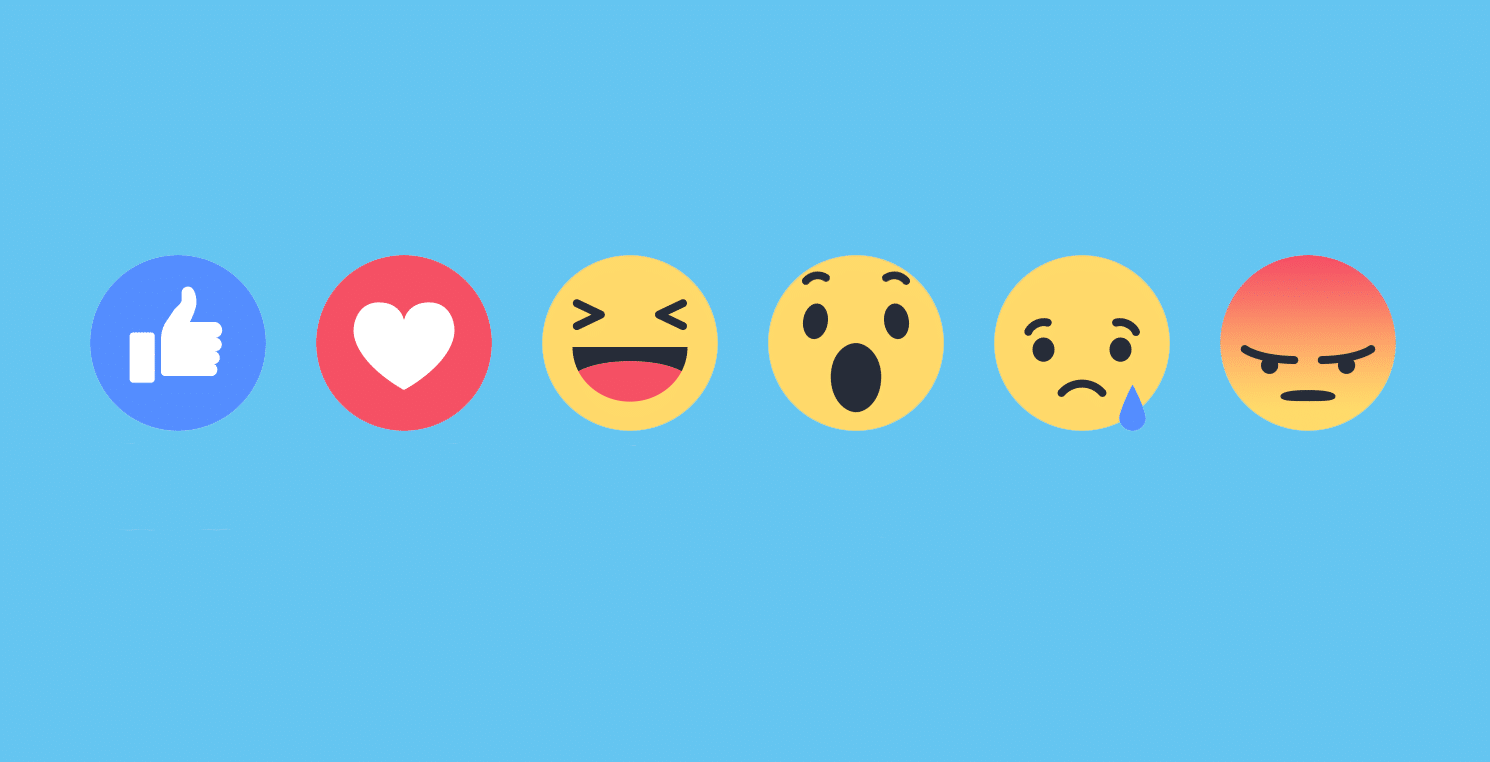 Facebook reaction emojis including "Like," "Love," "Haha," "Wow," "Sad," and "Angry" on a light blue background, representing emotional responses in social media interactions.