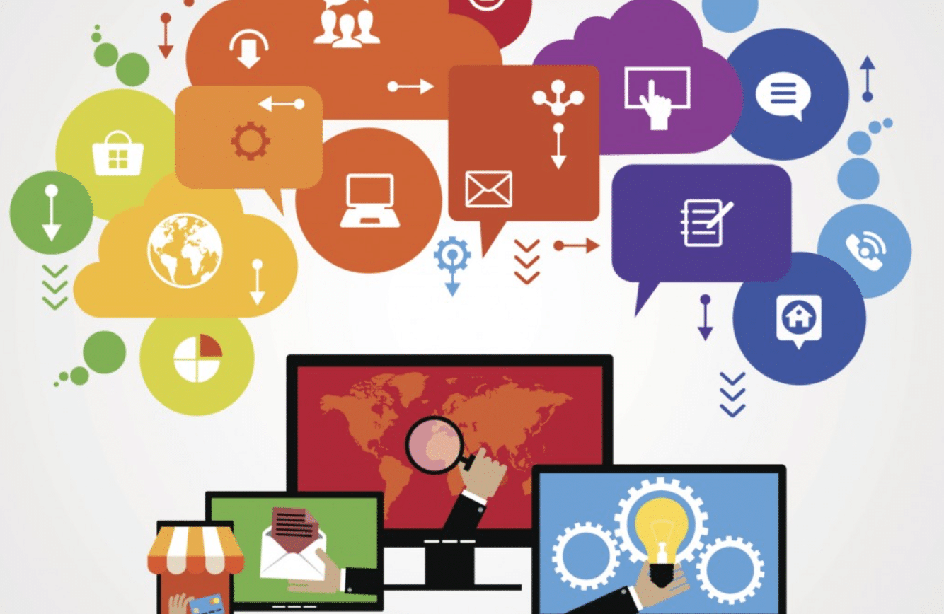 Illustration of digital advertising concepts, featuring multiple computer screens displaying icons related to programmatic advertising, data analysis, and audience engagement, with colorful speech bubbles representing communication and technology in the digital marketing landscape.